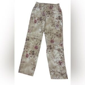 J. Jill Womens Beige Floral Wide-Leg Jeans with Pink Accents Stretch Size 12 T